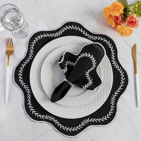 Jogo de Guardanapos Sousplat Americano 12 Peças Bordado Decorativo - Paris Detalhe Branco Preto