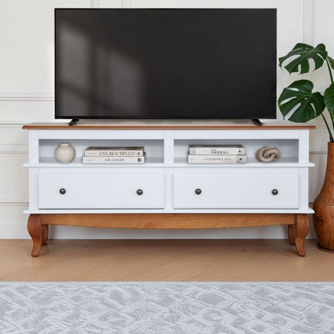 Rack para TV em Madeira 148cm 2 Gavetas 2 Nichos Pés Luiz Xv Genebra Clean 5164 - Branco/Pinhão
