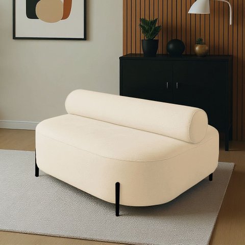 Sofá Sala Ilha Orgânica Éden 125cm Pé Aço Lateral Preto Bouclê Bege E03 - D’Rossi