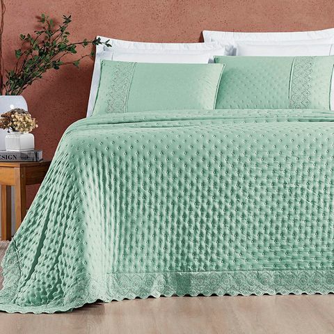 Kit Cobre Leito Colcha Bouclê Casal Padrão Laise Bordada Micropercal 200 Fios 3 Peças - Verde Salvia