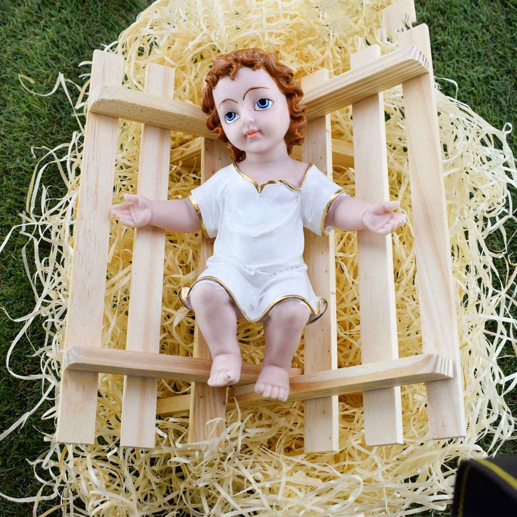 Menino Jesus 28cm Resina e Manjedoura em Madeira Presépio Natal:branco - 1