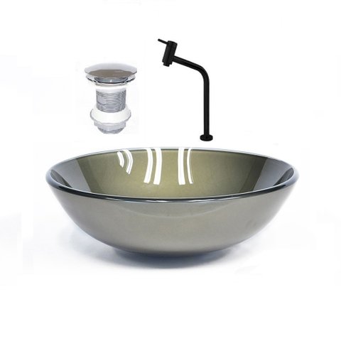 CUBA DE VIDRO REDONDA 31CM OURO ENVELHECIDO + VALVULA + TORNEIRA PRETA
