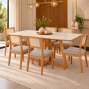 Ver imagem 1 de Conjunto Mesa Sala de Jantar Retangular 180cm 6 Cadeiras Estofadas Tela MDF Freijó Off-White Cinza