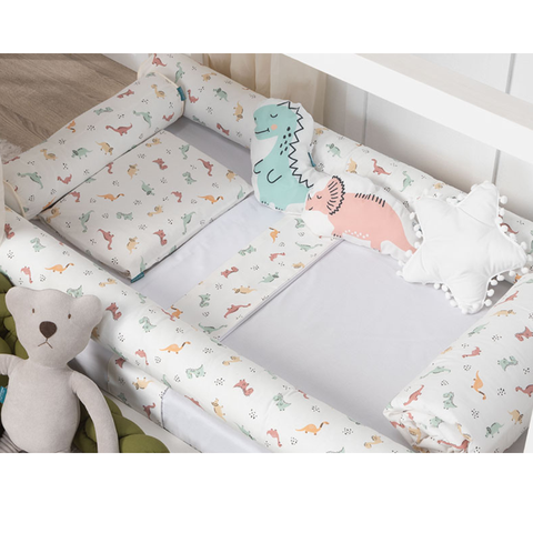 Kit Protetor de Berço 100% Algodão Percal 200 Fios Rolinho Moderninhos 08 Peças:dinossauros