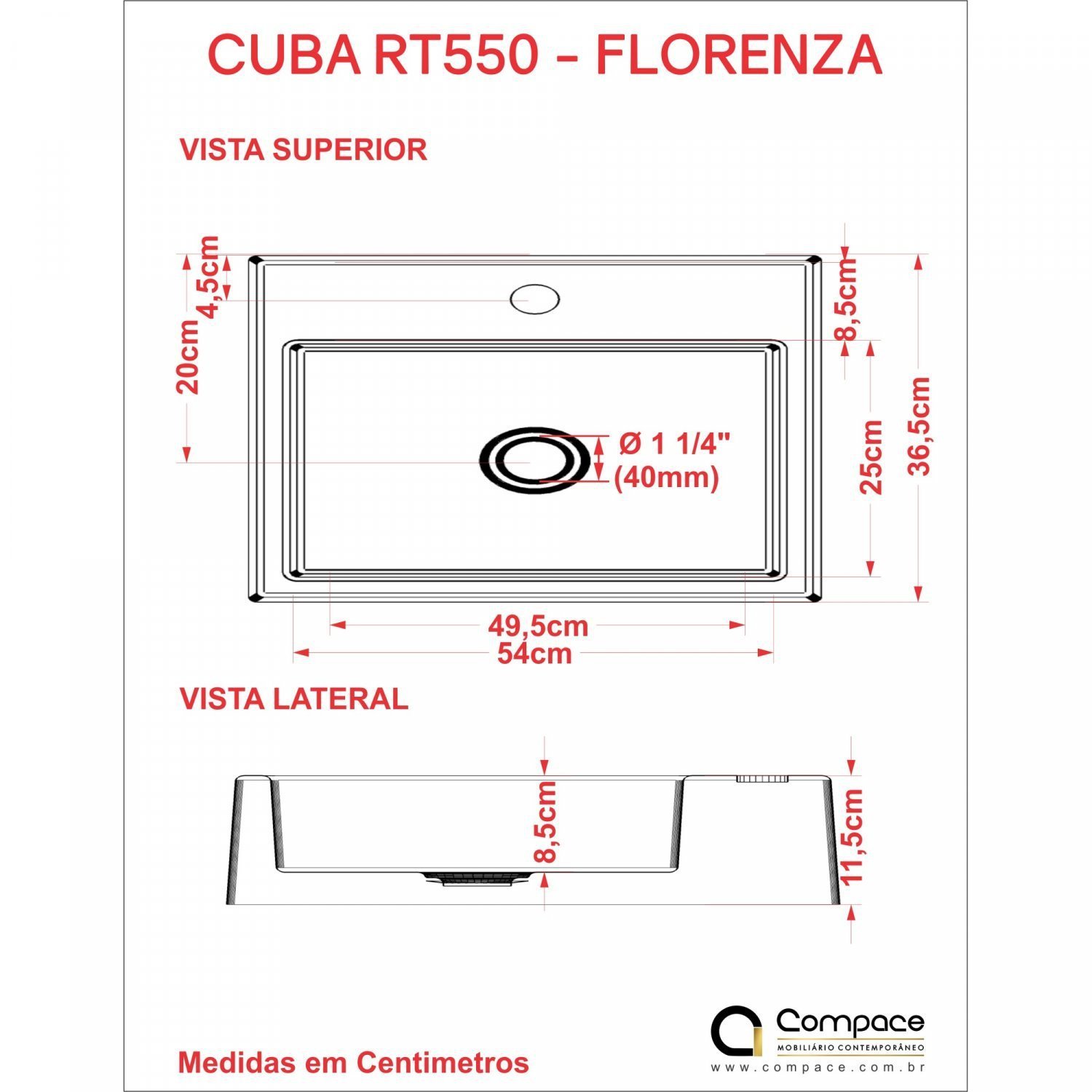 Kit Cuba RT55 com Torneira 1198 Metal e Válvula 1 Polegada e Sifão Cromado e Flexível Compace - 8