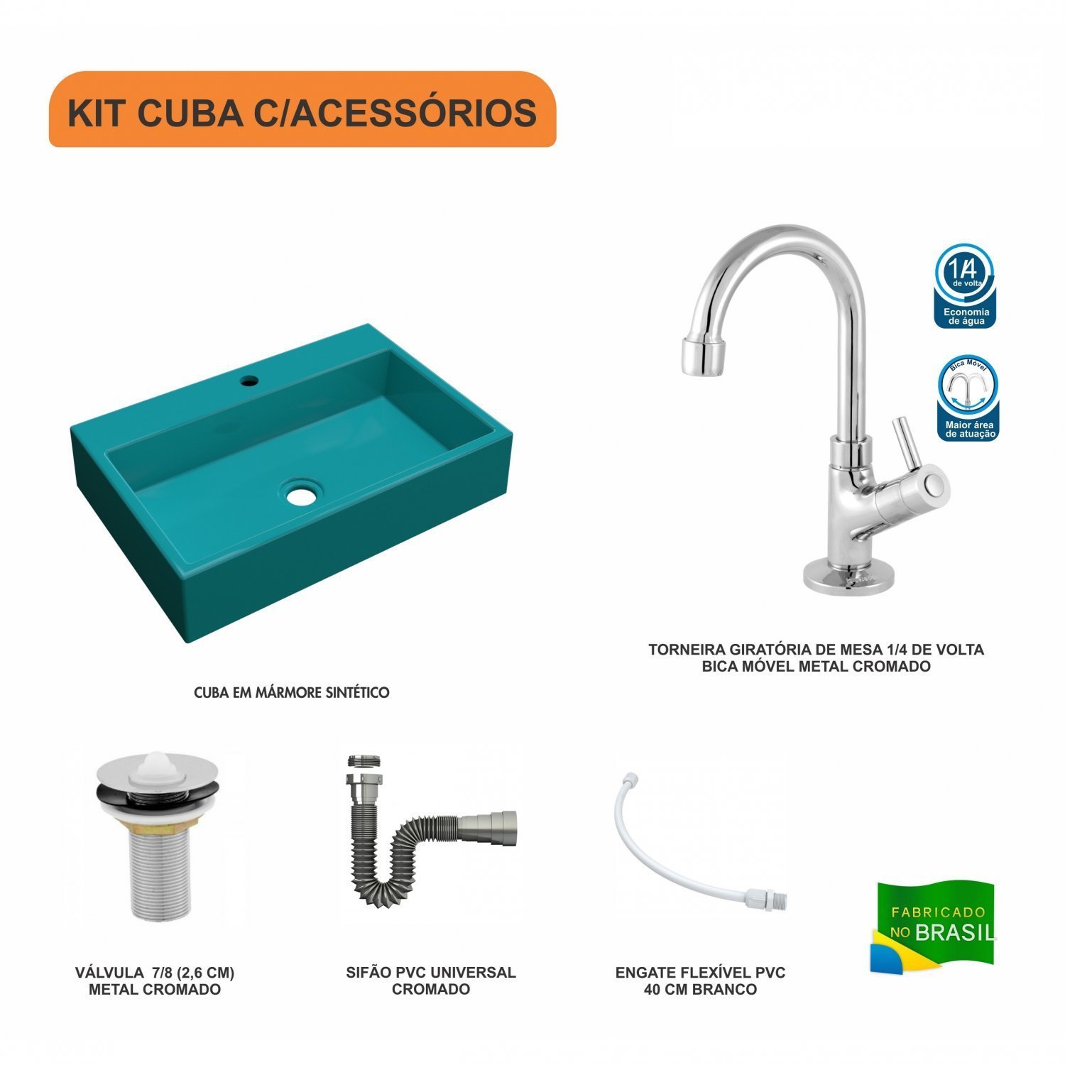 Kit Cuba RT55 com Torneira 1198 Metal e Válvula 1 Polegada e Sifão Cromado e Flexível Compace - 3