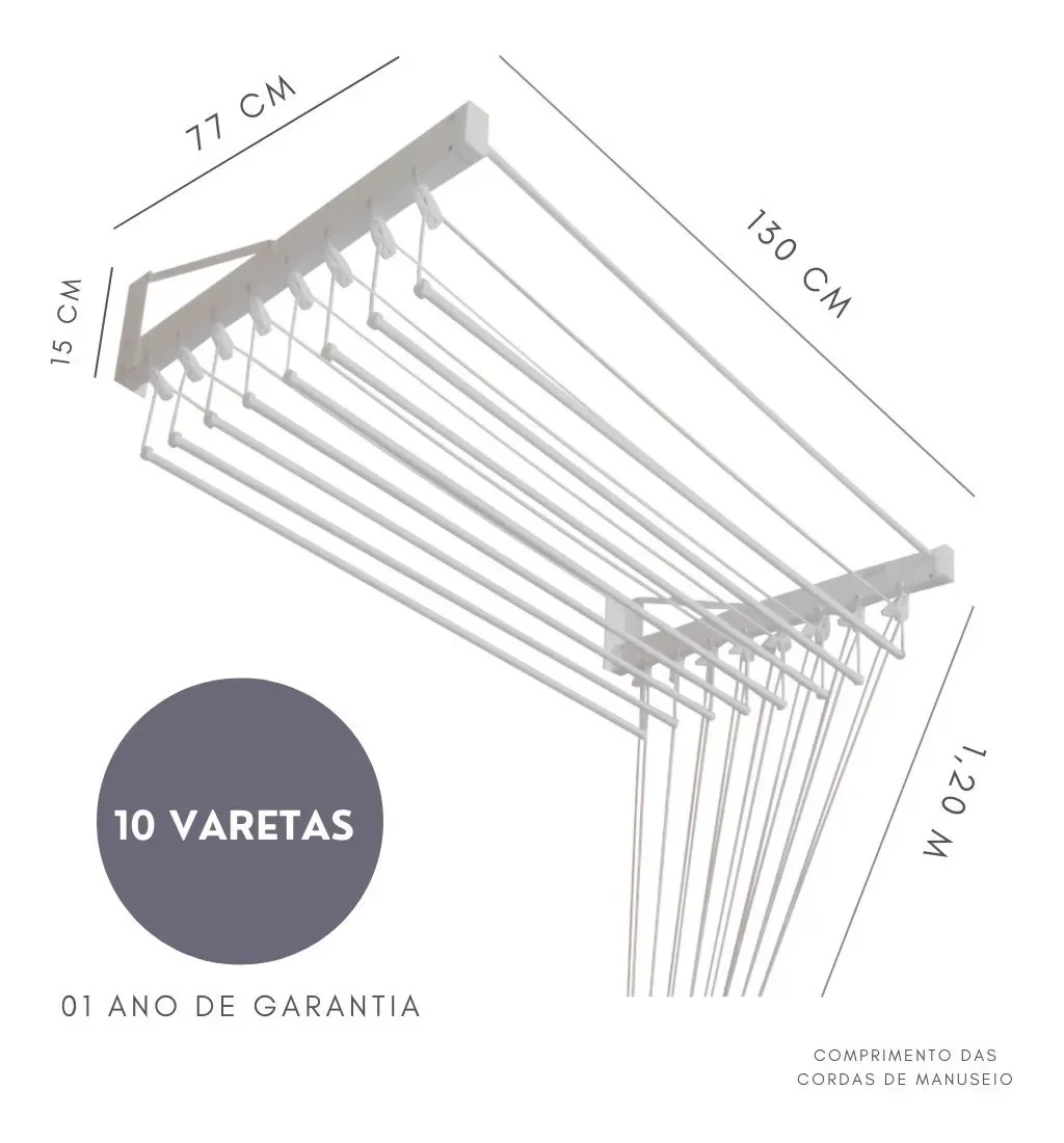 Ver imagem 2 de Varal De Parede Individual 130cm x 10 Varetas - Em Alumínio Branco
