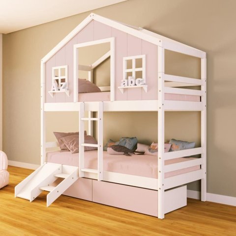 Beliche Casinha Sonhos com 02 Gavetas Rosa Kit Escada/ Escorregador Madeira Maciça Rosa/ Branco