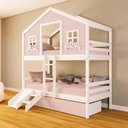 Ver imagem 1 de Beliche Casinha Sonhos com 02 Gavetas Rosa Kit Escada/ Escorregador Madeira Maciça Rosa/ Branco