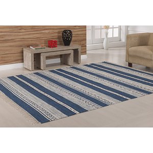 Tapete Indiano Kilim - Raipur - 1,00m X 1,40m - 100% Algodão - Azul - Niazitex