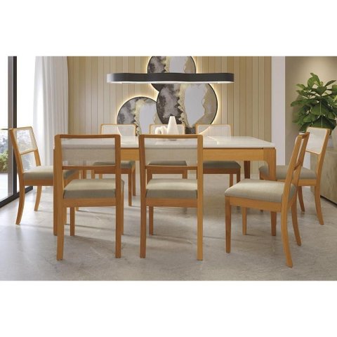 Sala Jantar Mesa Mira Premium Madeira Maciça C/ Tampo Madeirado C/ Vidro 200x100cm e 8 Cadeiras