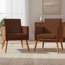 Ver imagem 1 de Kit 2 Poltronas Decorativas Lis para Sala Quarto Recepção Linho Corino Confortável Pé Castanho