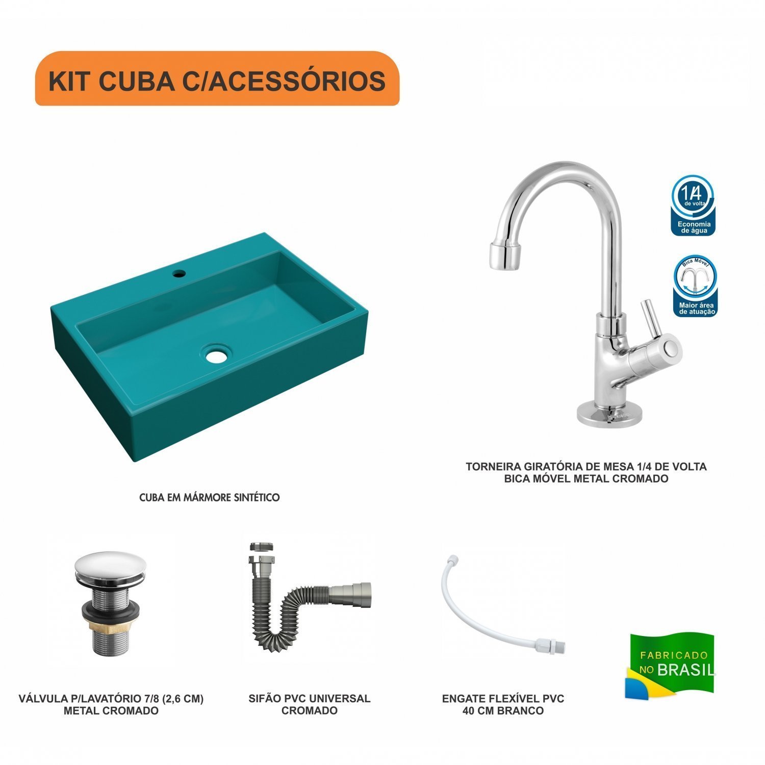 Kit Cuba RT55 com Torneira 1198 Metal e Válvula Click 1 Polegada G e Sifão Cromado e Flexível Compac - 3
