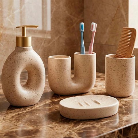 Jogo de Banheiro Acessórios Lavabo Elegante Areia Kit 4pçs