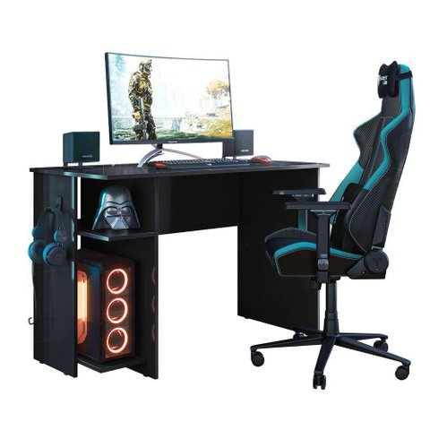 Mesa de Escritório Gamer Moderno MDF 114cm Preto com Nicho Qmovi