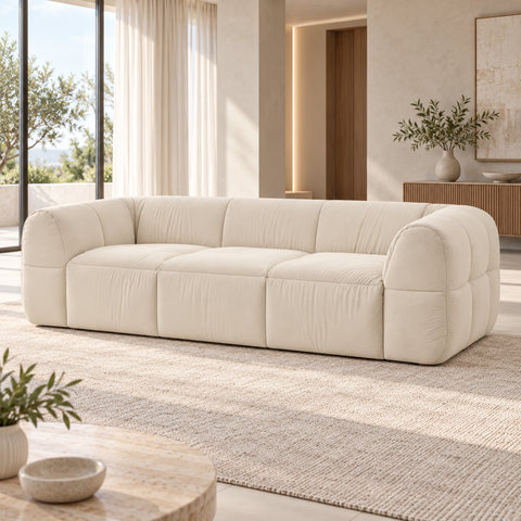 Sofá 3 Lugares King Size 250cm com Assento Fixo e Estrutura em Eucalipto Off White