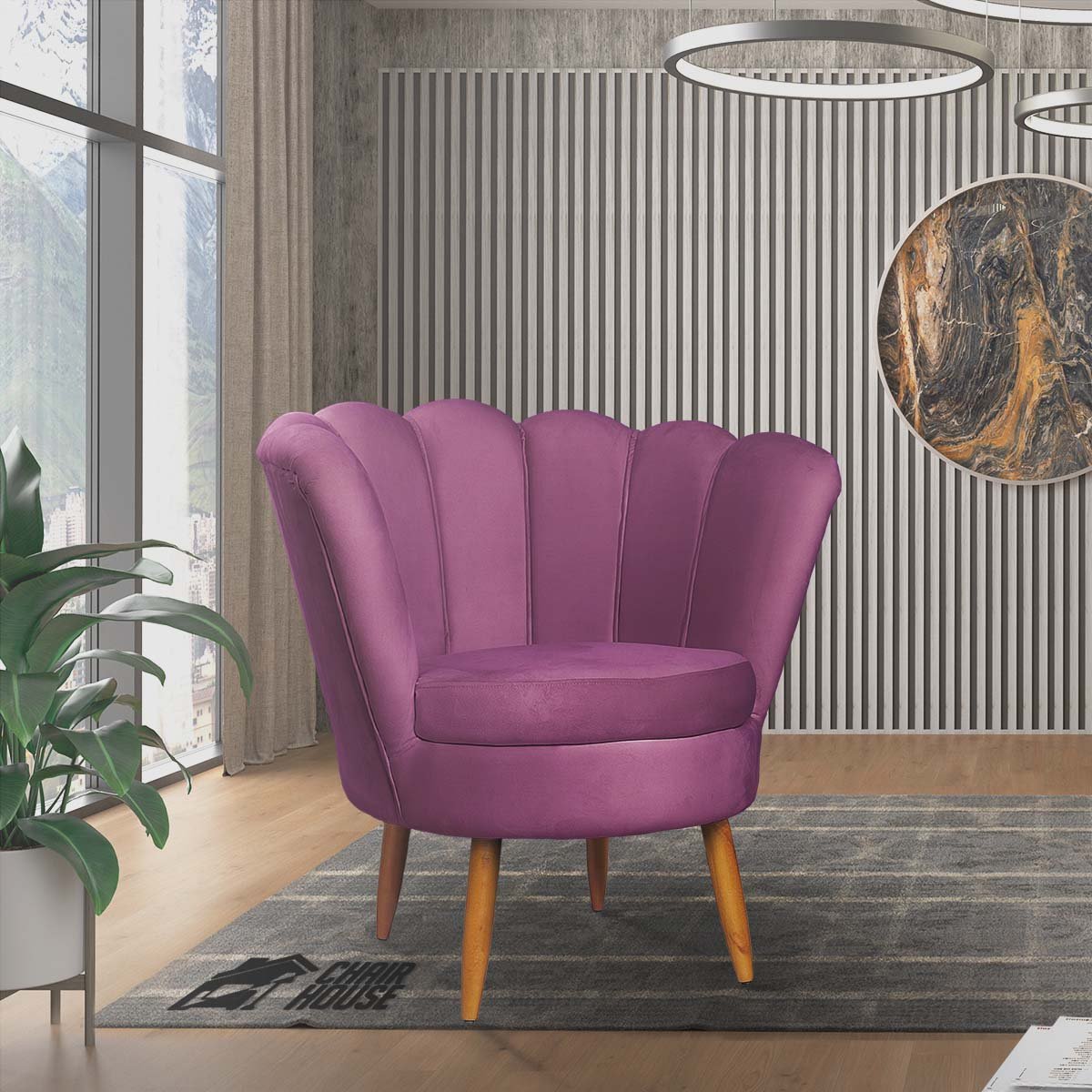 Poltrona Pétala Decorativa Roxo para Sala com Pé de Madeira