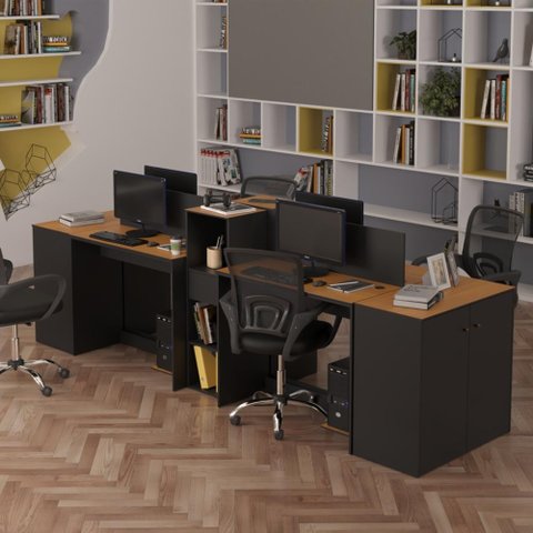 Estação de Trabalho 4 Lugares Office Smart 4 Mesas 2 Armários 2 Aparador - Preto e Cedro