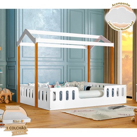 Cama Casal com Colchão D28 Casinha Montessoriana Ágatha Branco/amêndoa Incluso Luminária
