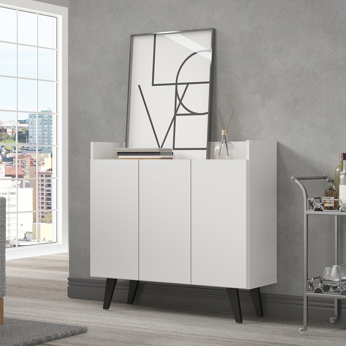 Aparador Buffet Balcão Moderno 91 Cm Para Sala Pés Palito 03 Portas MDP Branco 0647 - MENU - 1