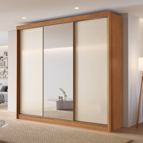 Guarda-Roupa Casal 100% MDF com Espelho 3 Portas de Correr 6 Gavetas Siena Bege/Cinamomo/Off White