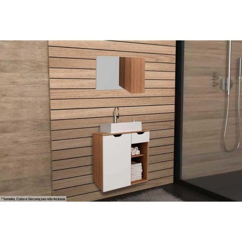 Armário C/ Balcão Banheiro Suspenso Bn3605 S/ Cuba 60cm e Espelho Bn3602 Amêndoa/branco - Tecno