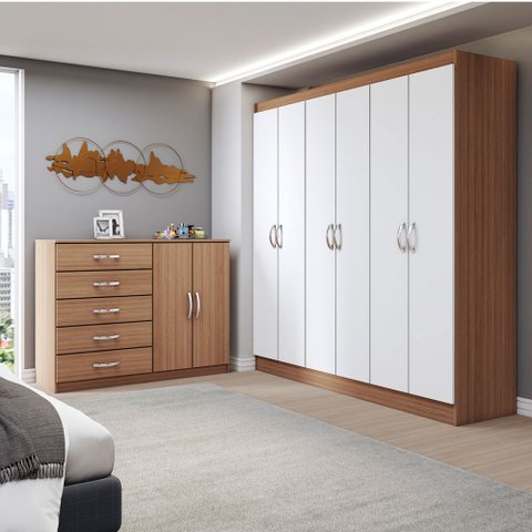 Guarda-roupa Casal Layla 6 Portas 2 Gavetas com Cômoda 2 Portas 5 Gavetas Demolição/branco - Panoram