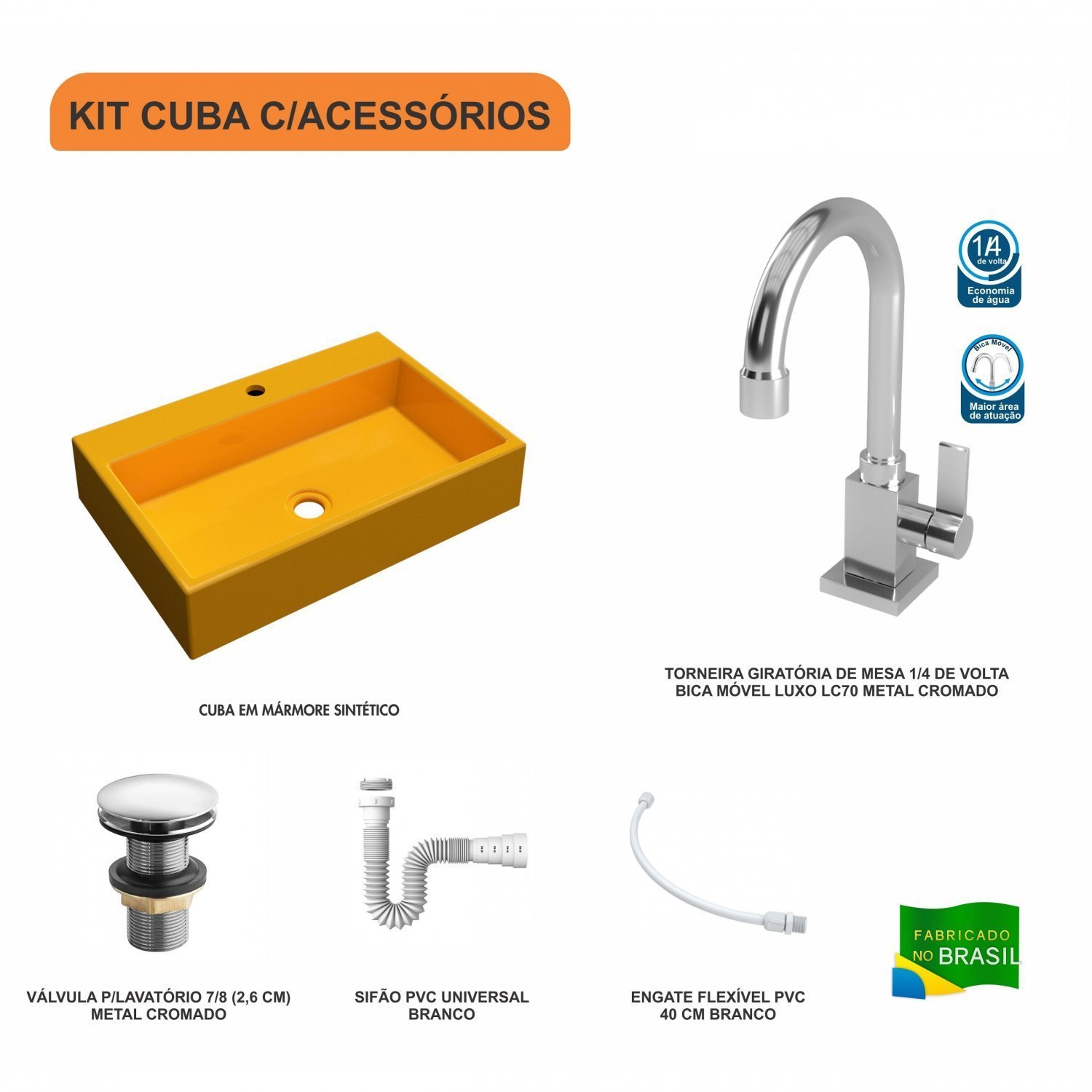 Kit Cuba RT55 com Torneira Luxo 1195 Metal e Válvula Click 1 Polegada G e Sifão Pvc e Flexível Compa - 3