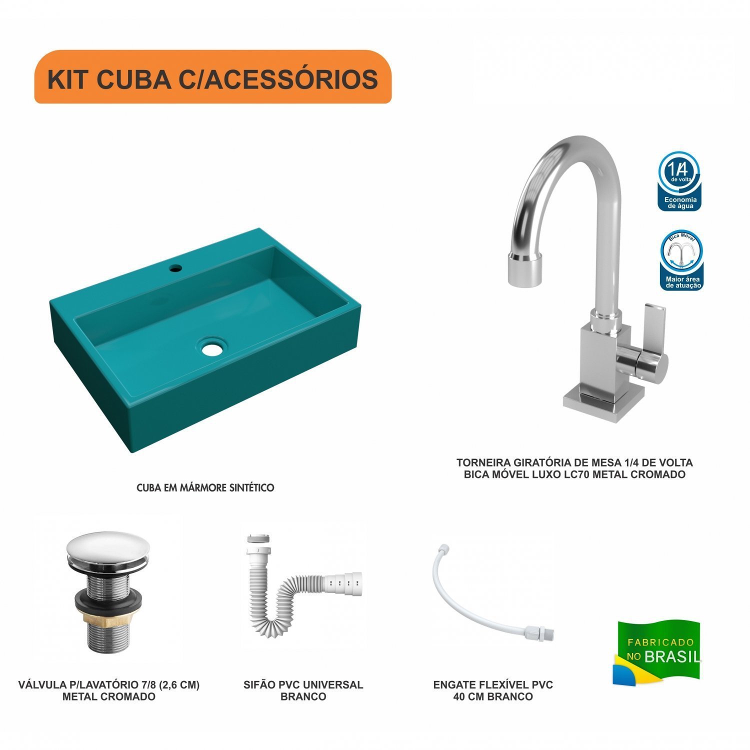 Kit Cuba RT55 com Torneira Luxo 1195 Metal e Válvula Click 1 Polegada G e Sifão Pvc e Flexível Compa - 3