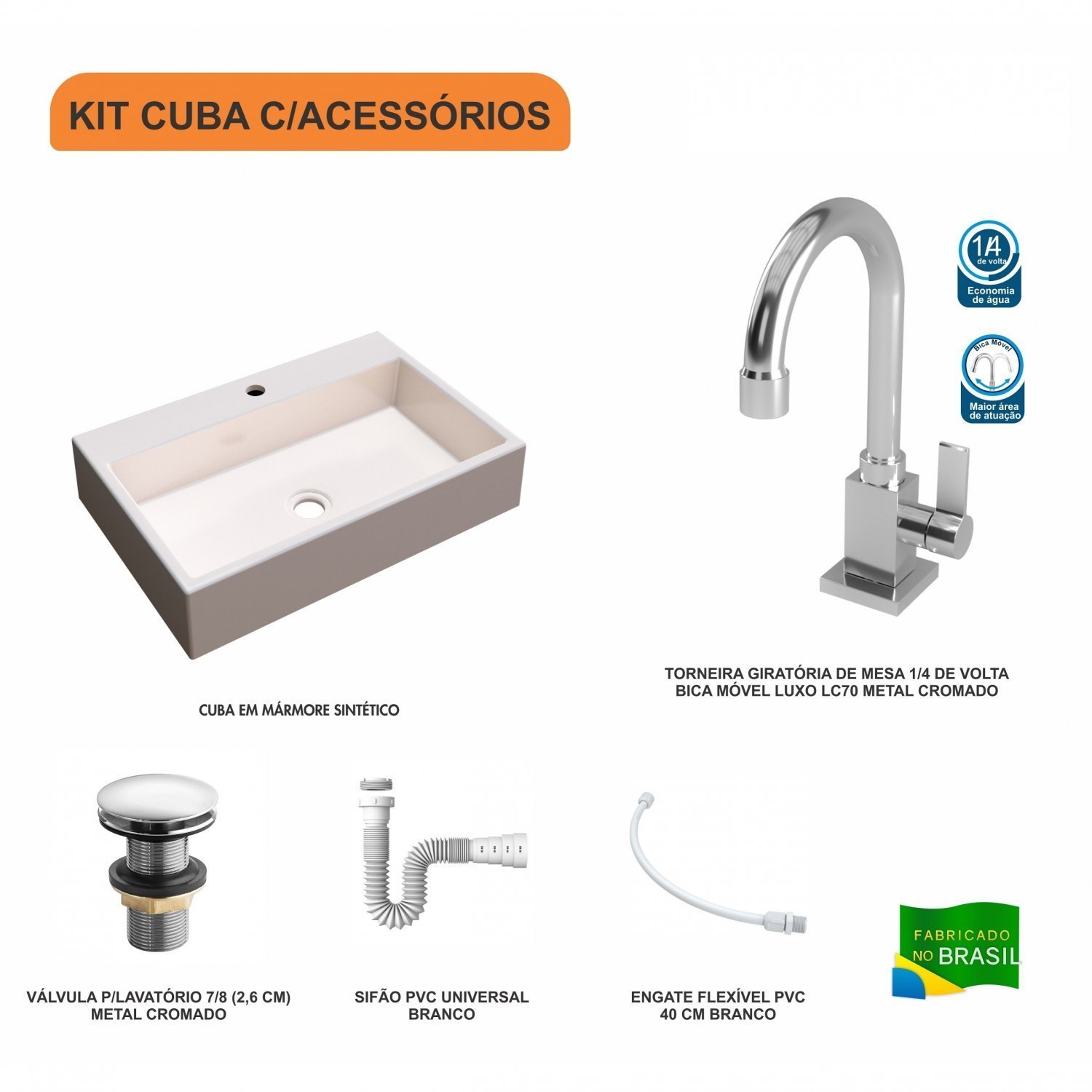 Kit Cuba RT55 com Torneira Luxo 1195 Metal e Válvula Click 1 Polegada G e Sifão Pvc e Flexível Compa - 3