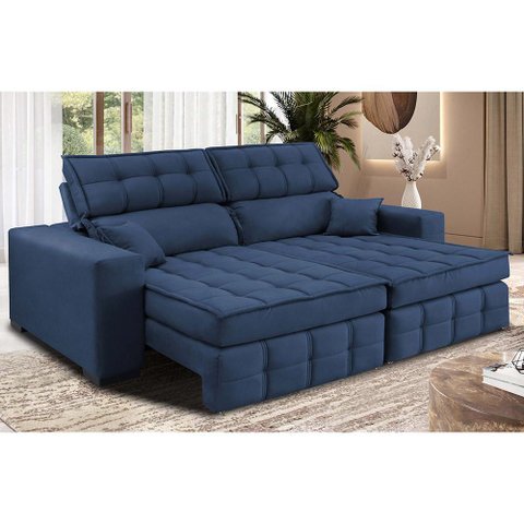 Sofá Retrátil e Reclinável 2,00M Molas Ensacadas e Costura Tripla Cama Inbox Nobre Suede Azul
