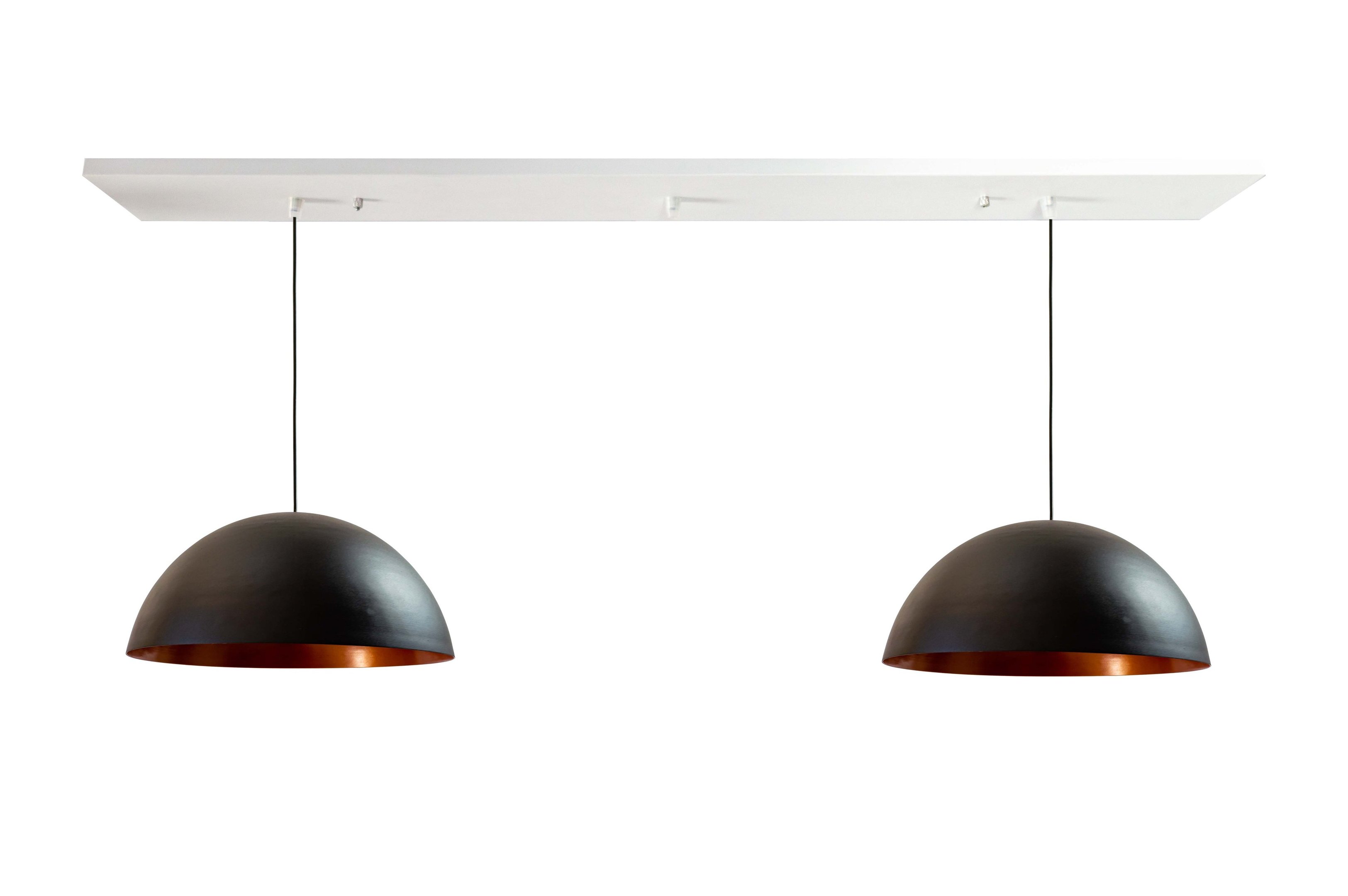 Pendente Alumínio Meia Esfera 30cm Preto c/ Cobre Duplo na Canopla Retangular de 97cm Branca - 1