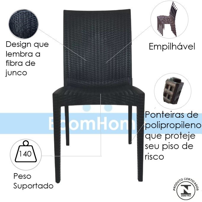 Kit 6 Cadeiras Rattan Preta em Pp para Restaurantes Sala de Jantar Cozinha Área Externa Ecomhome - 5