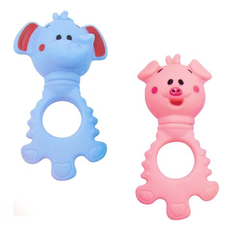 Kit com 2 Chocalhos Mordedor Elefante e Porco Com Cheirinho