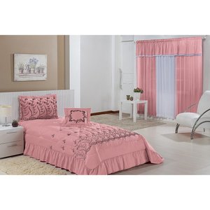 Kit Cobre Leito Solteiro Desejos 4 Pçs Bordado + Cortina SALMÃO