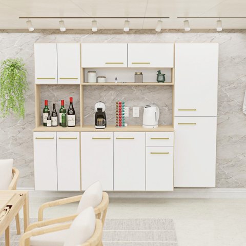 Cozinha Modulada Completa Compacta Torre Quente Armário Aéreo e Balcão Auxiliar Aura Branco/Dubai