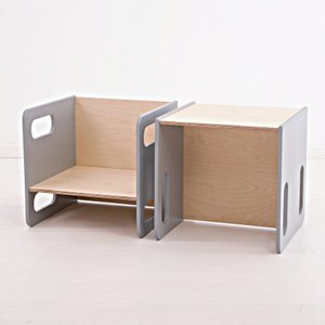 Mesa Cadeira Cubo Infantil Montessori com Mesa Natural Cinza