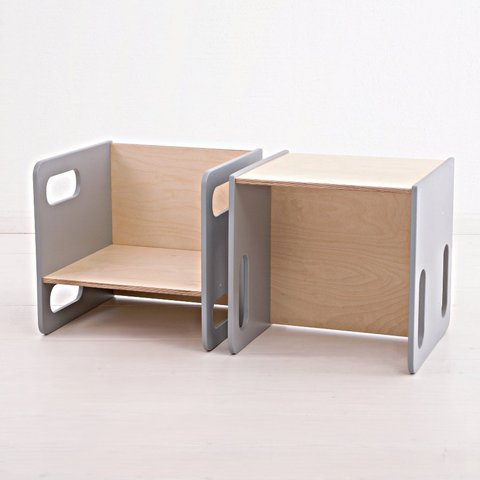 Mesa Cadeira Cubo Infantil Montessori com Mesa Natural Cinza