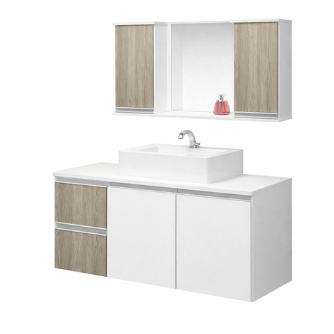 Conjunto de Banheiro Mdf 0,80m Branco Gabinete Cuba e Espelheira:branco/madeirado