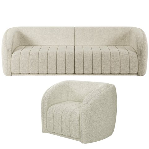 Kit Sofá 4 Lugares Sala Estar 332 com Poltrona Lazio Pés Madeira M03 Bouclê Bege Claro - Lyam Decor