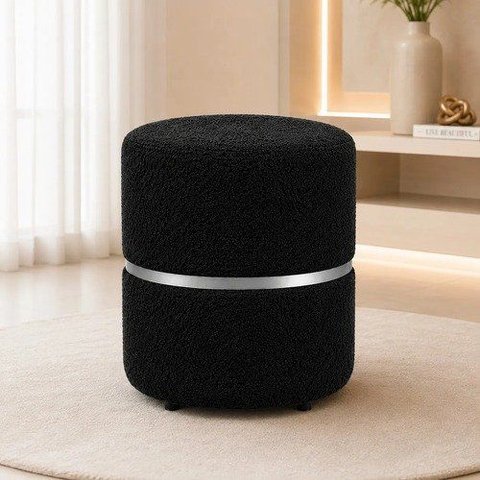 Puff com Cinta no Meio Prata, Cor Preto Boucle - Let Móveis