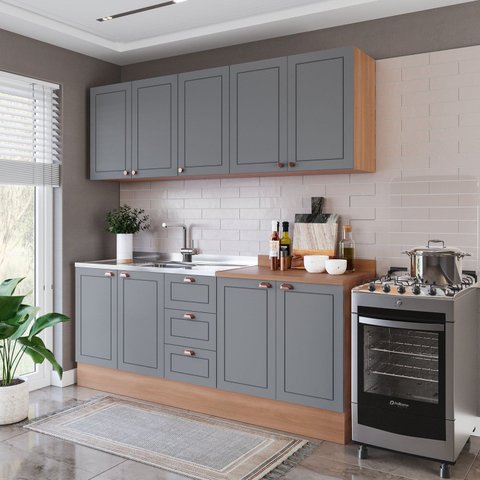 Cozinha Pérola 200cm com Rodapé 4 Peças Cinza/Freijó Yescasa