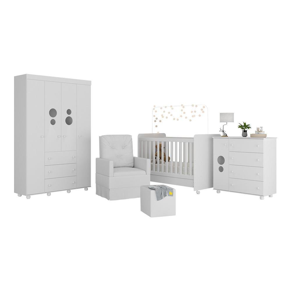 Quarto de Bebê Completo com Colchão, Poltrona de Amamentação e Puff Pimpolho Multimóveis MP4109 Branco