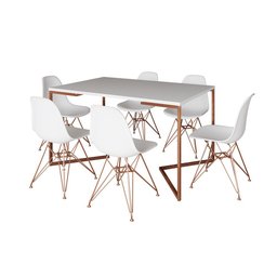 Mesa Jantar Industrial Retangular 137x90cm Branca Base V c/ 6 Cadeira Eames Eiffel Brancas Base Cobr - 2 Mesa Jantar Industrial Retangular 137x90cm Branca Base V c/ 6 Cadeira Eames Eiffel Brancas Base Cobr - 2