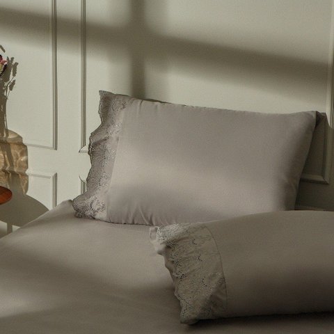 Jogo de Cama 3 Peças Acetinado Bordado Inglês Cinza Lmpeter