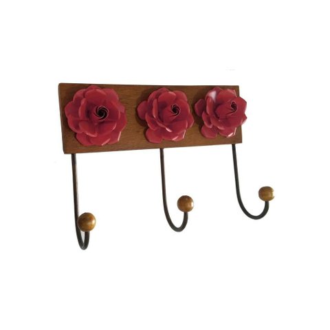 Cabide com Flor para Parede de Madeira Pendurador de Roupas e Toalhas Libertas Rosas Artesanato Cabi