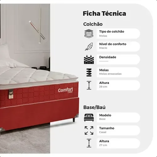 Ver imagem 3 de Cama Box Casal + Colchão Comfort Class Pillow Top 138x188 Vinho/suede Vinho