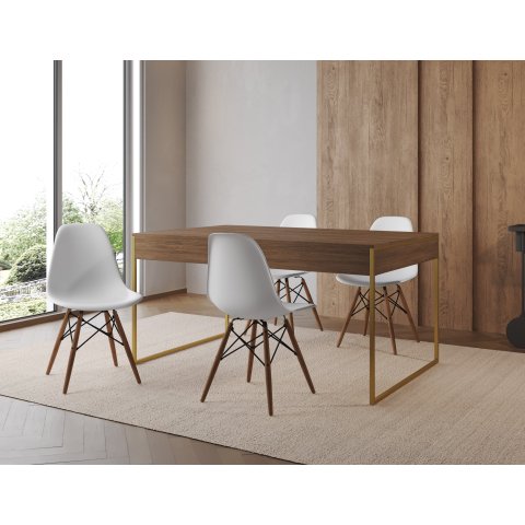 Conjunto Industrial Filadelfia 137x90 Ferro Dourado Tampo Amendoa 4 Cadeiras Branco
