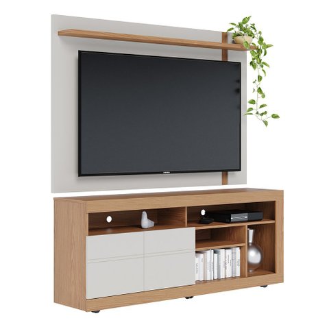 Conjunto Painel de Tv Brusque + Bancada Rack Gramado para Sala de Estar Tv até 70" Off White Matte/ 