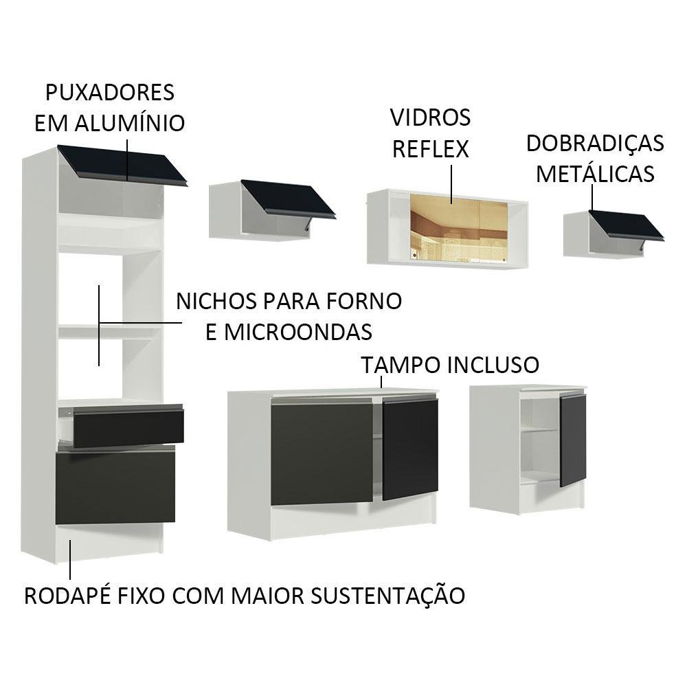 Armário de Cozinha Completa 300cm Branco/Preto Diamante Madesa 02 - 5